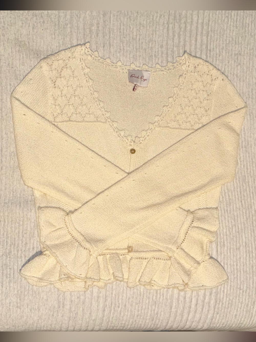 Pink Rose Cream Knit Ruffle Hem Cardigan Sweater